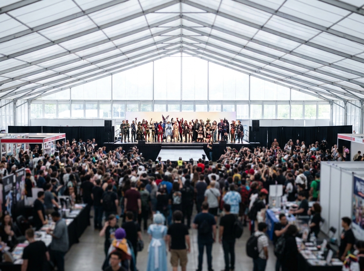 Cosplayers on stage during a competition at an anime and comics event.