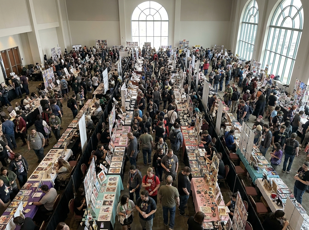 A bustling artist alley at an anime event, viewed from above.