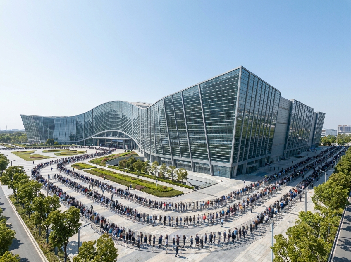 A large crowd of fans lined up to enter an anime convention.