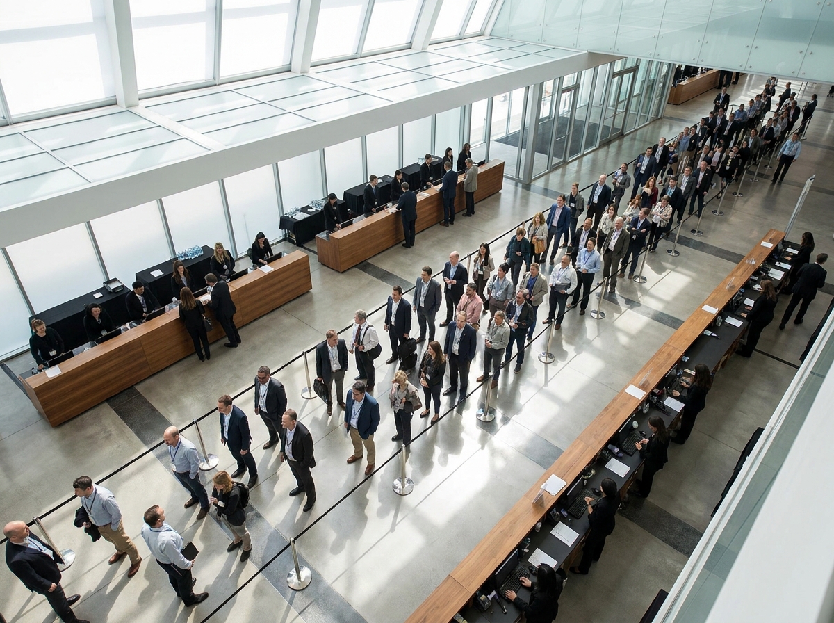 An efficient registration area at an anime event, with attendees in multiple lines.