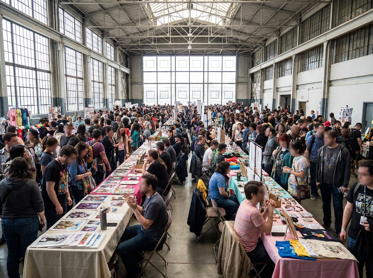 Attendees browsing booths in a busy artist alley at an anime event.
