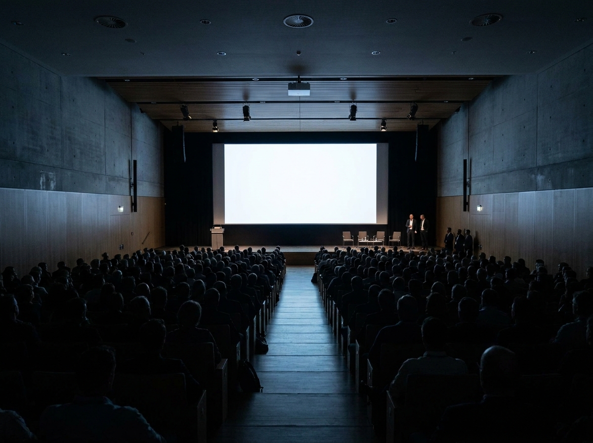 A large audience watching a presentation in a panel room at an anime convention.
