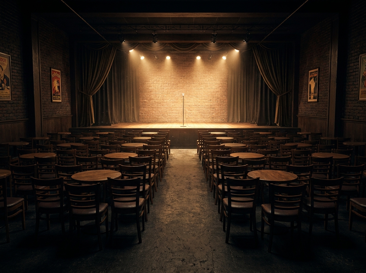 Tables and chairs facing an empty stage at a venue for comedy shows in Ann Arbor.