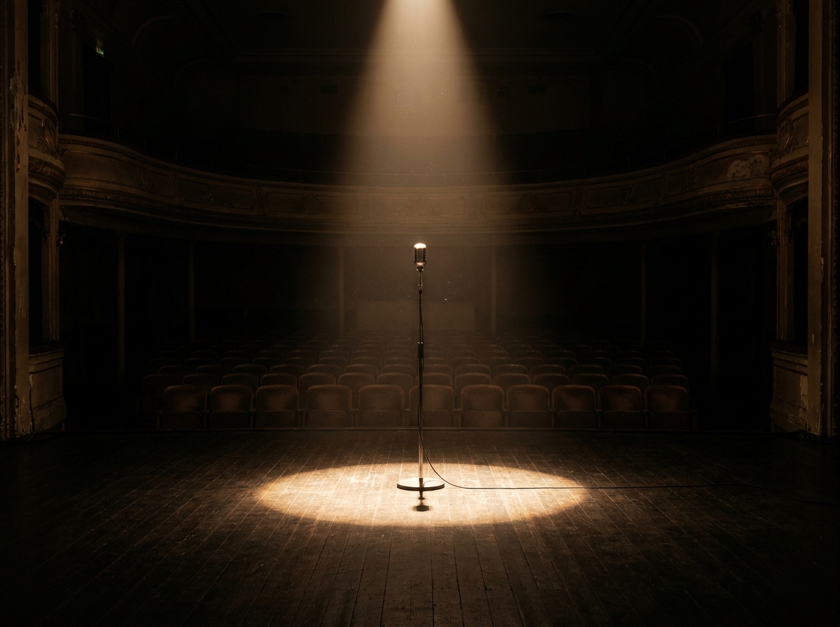 A microphone on a stand on a stage, ready for a stand-up comedy act.