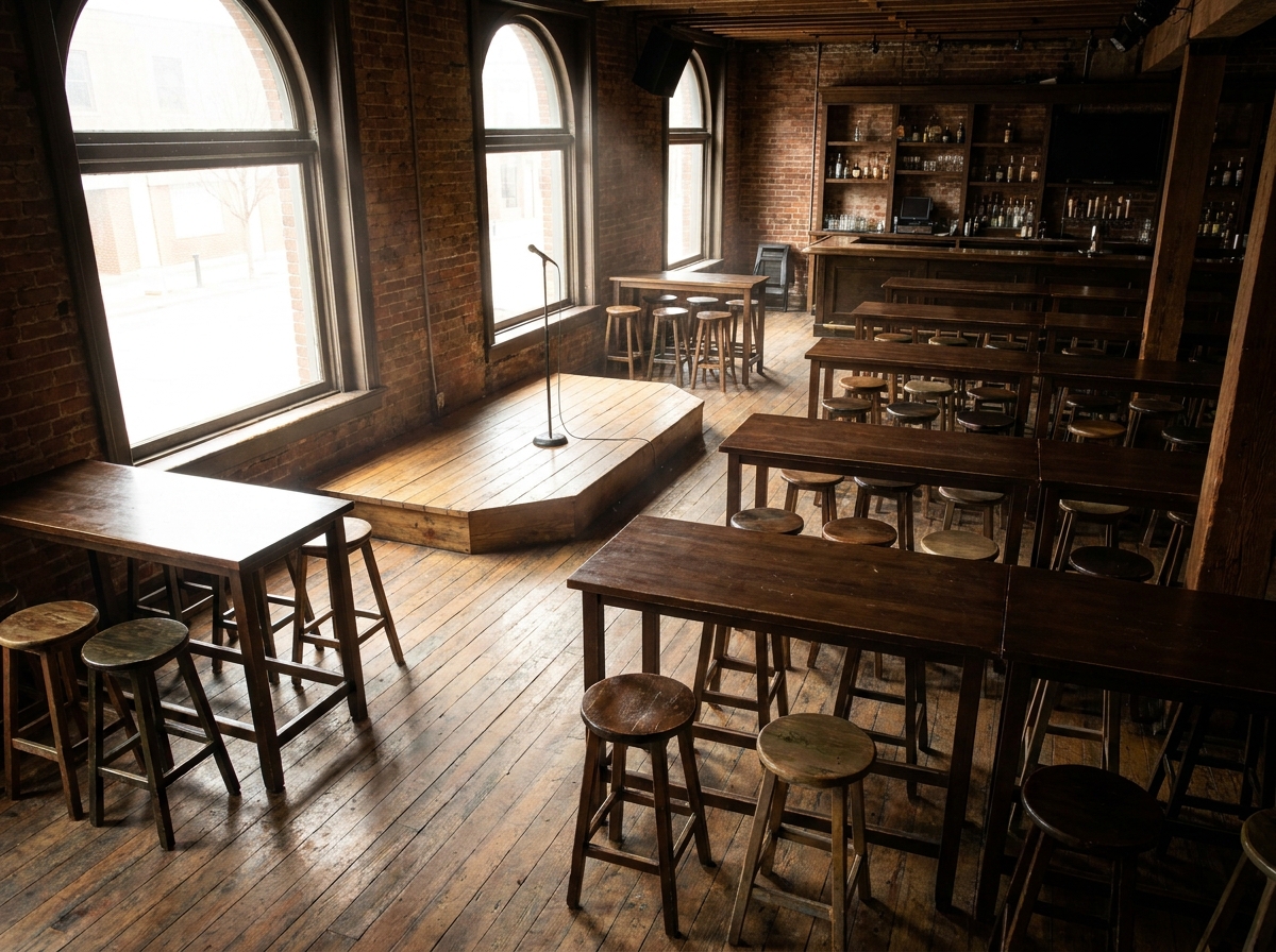 The empty interior of a bar in Ann Arbor set up for a comedy night.