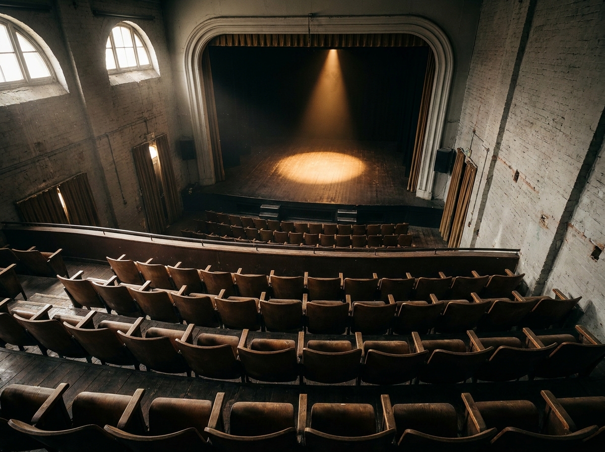 An empty theater in Ann Arbor, set up for a comedy performance.