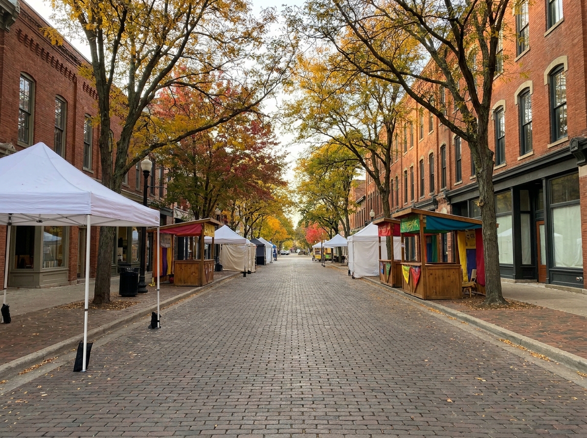 A quiet street in Ann Arbor with fall foliage, set up for an outdoor event.