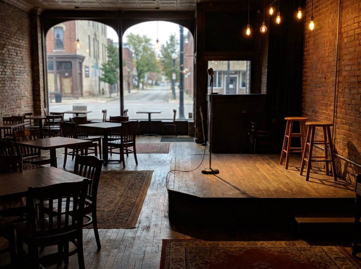 An empty stage at a small music club, ready for a performance.