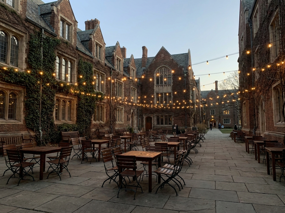 An outdoor university courtyard set up for an evening event in Ann Arbor.