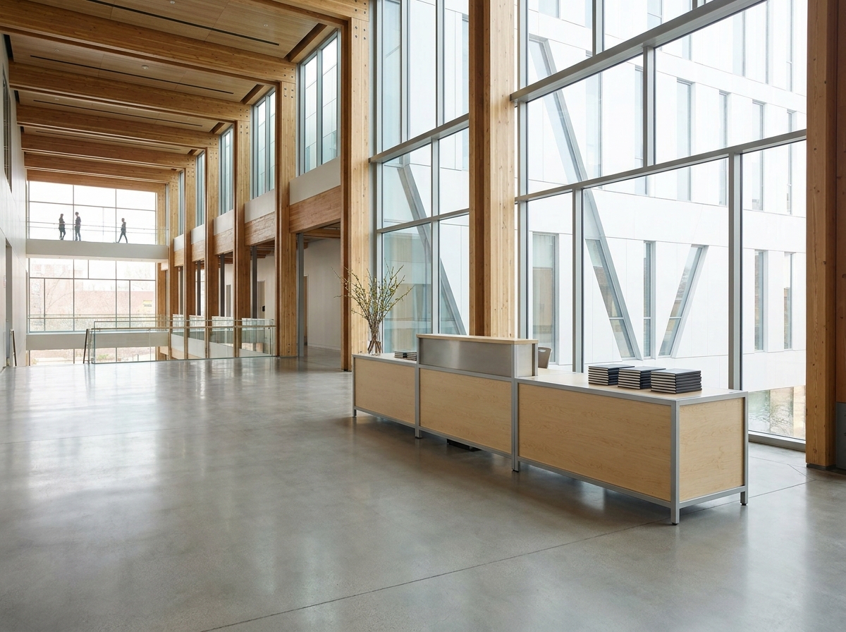 A university building's atrium prepared for a business event in Ann Arbor.