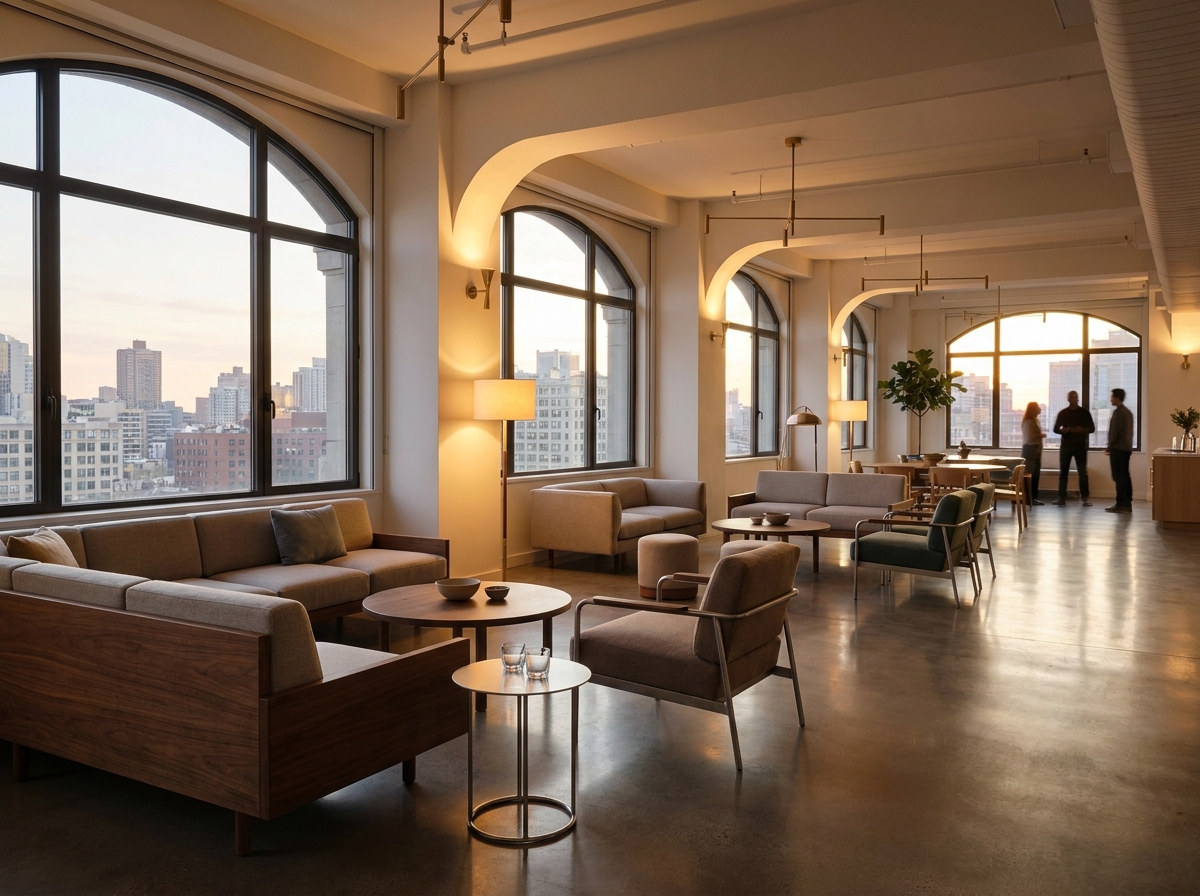 A modern co-working space in Ann Arbor set for a networking event.