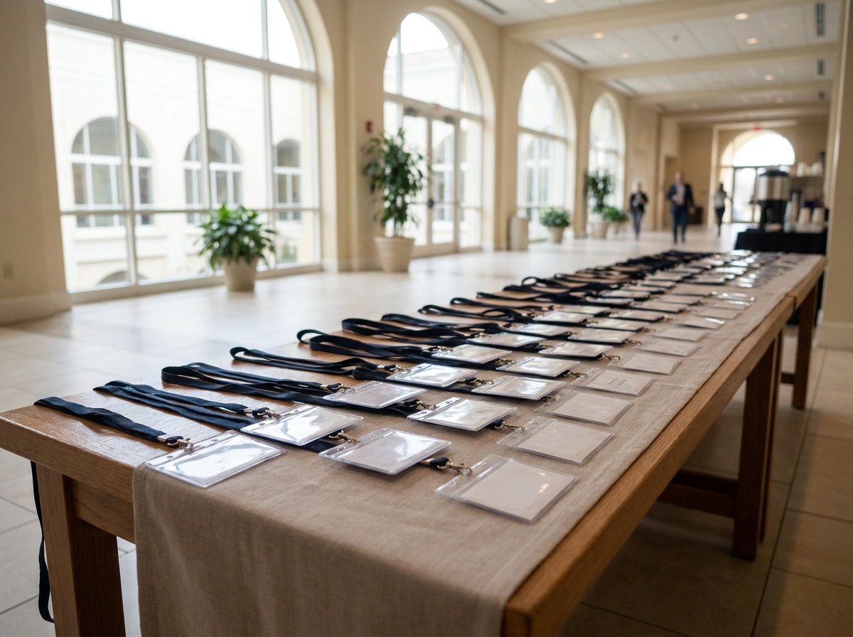 A registration table with name badges for a professional event.