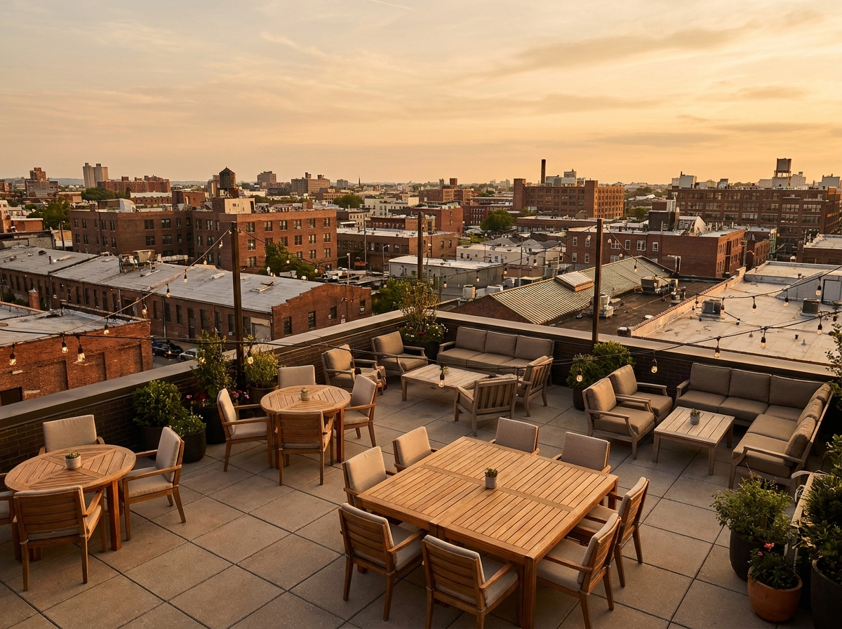 An empty rooftop venue set up for an evening networking event in Ann Arbor.