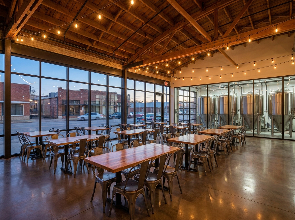 An empty brewery taproom in Arlington set up for an event.