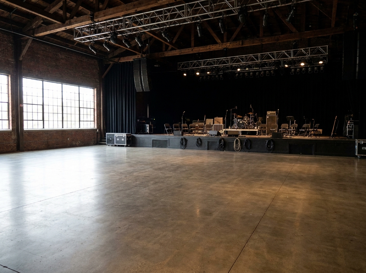 An empty stage at a concert venue in Arlington, ready for a performance.