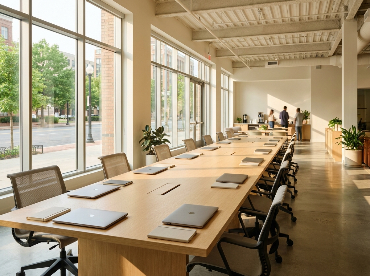An empty co-working space set up for a business workshop in Arlington.