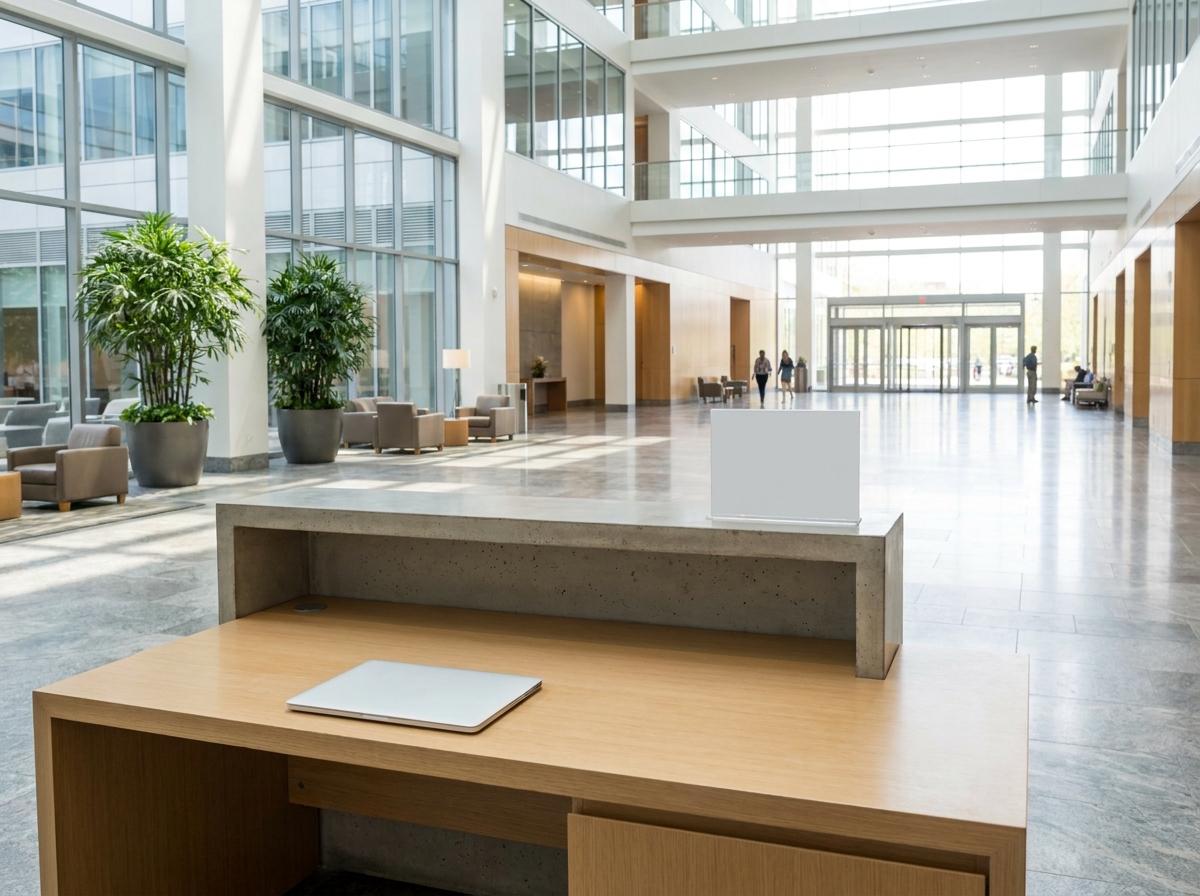 An empty registration desk at a conference center in Arlington.