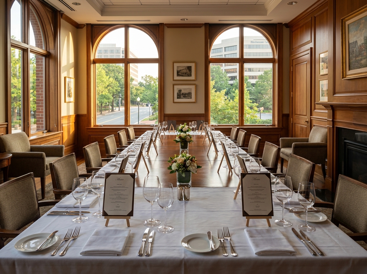 A private dining room set for a corporate networking dinner in Arlington.
