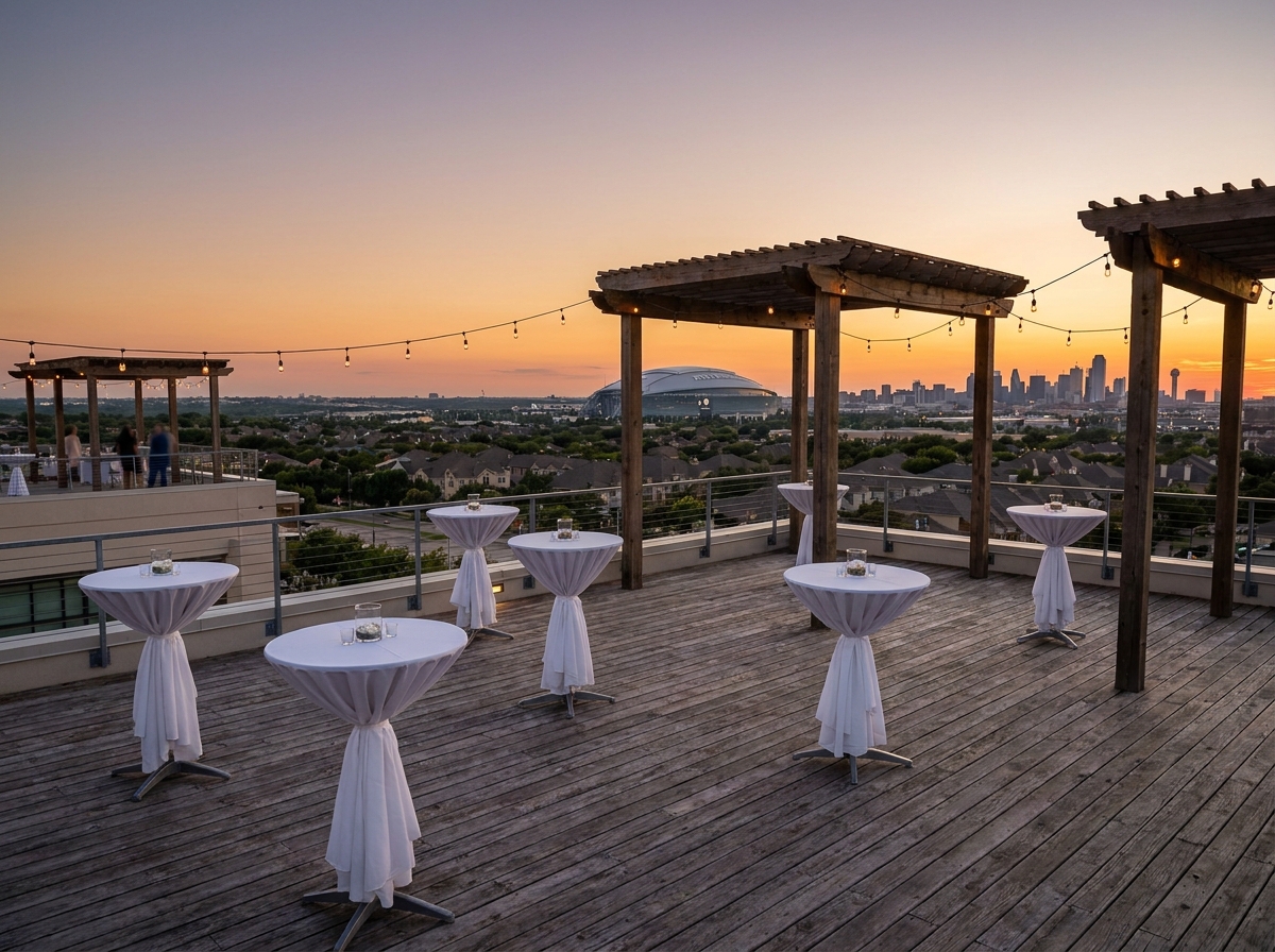 An empty rooftop venue in Arlington set up for a professional networking event.