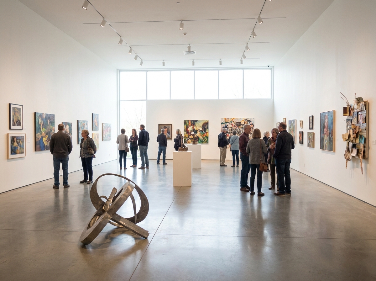 An art gallery exhibition, a place where people interested in painting classes gather.
