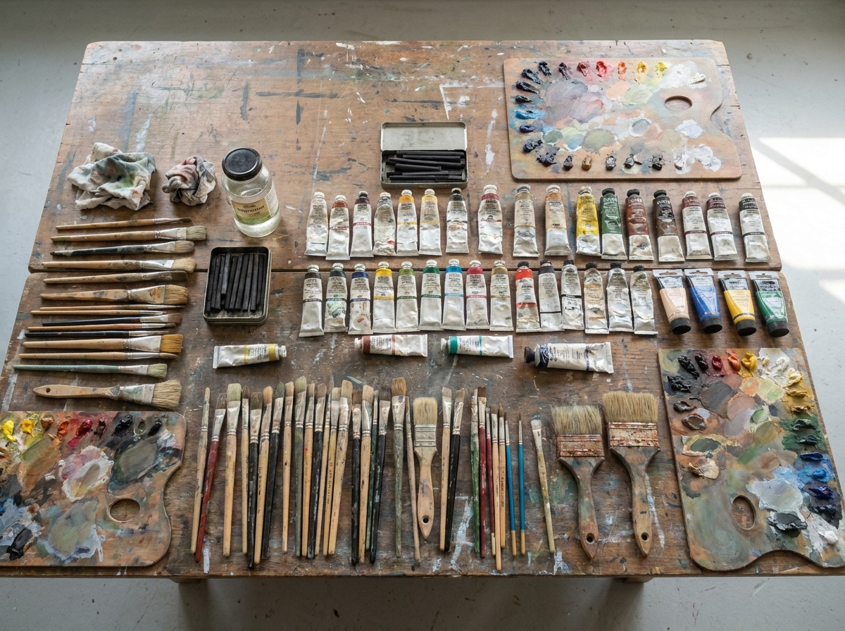 Art supplies like paint and brushes arranged for a painting workshop.