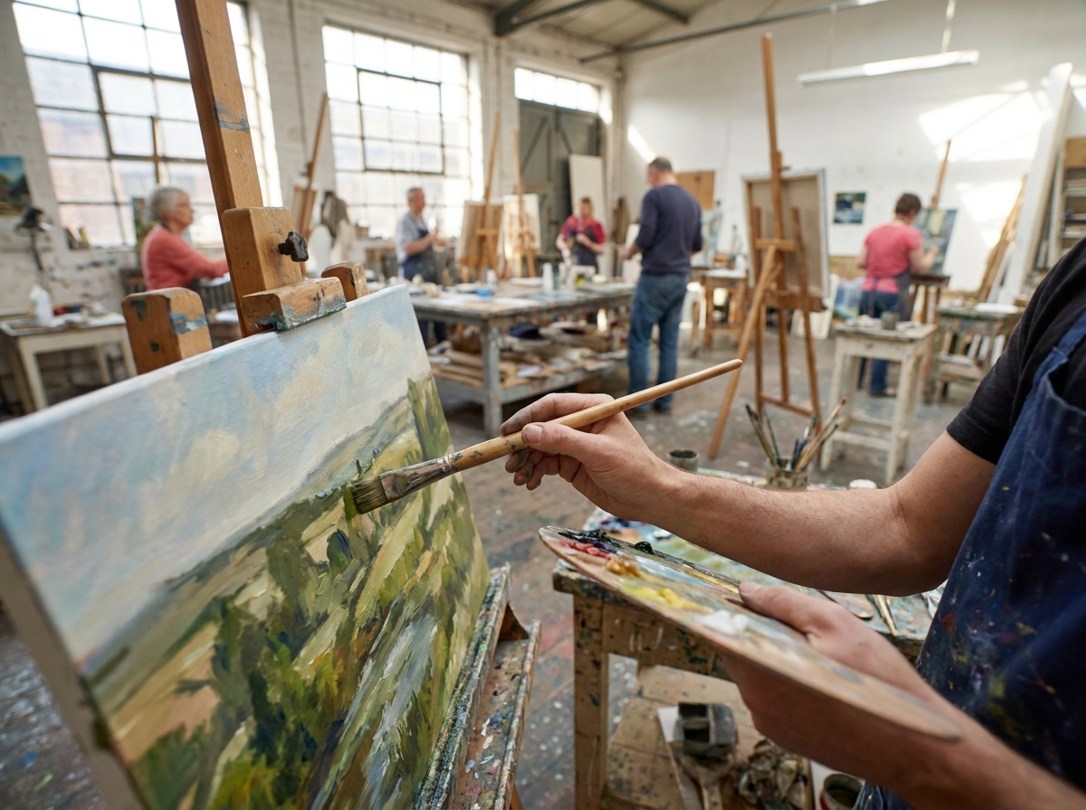 A person painting on a canvas during an inspiring and busy art class.