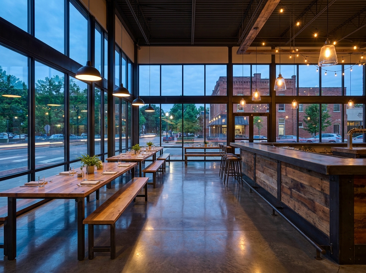 An empty, modern brewery taproom in Asheville set for an event.