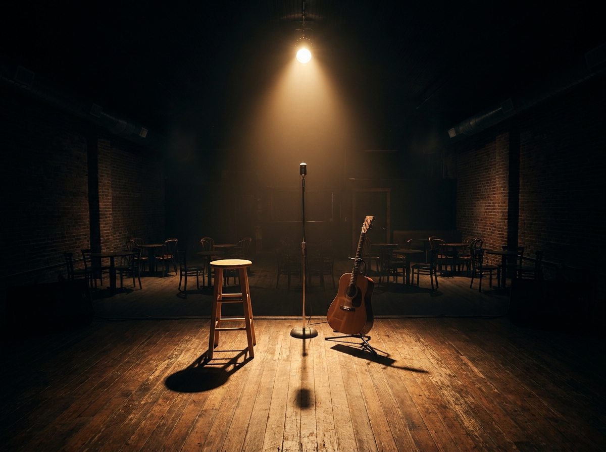A warmly lit stage at a small music venue in Asheville, ready for a performer.