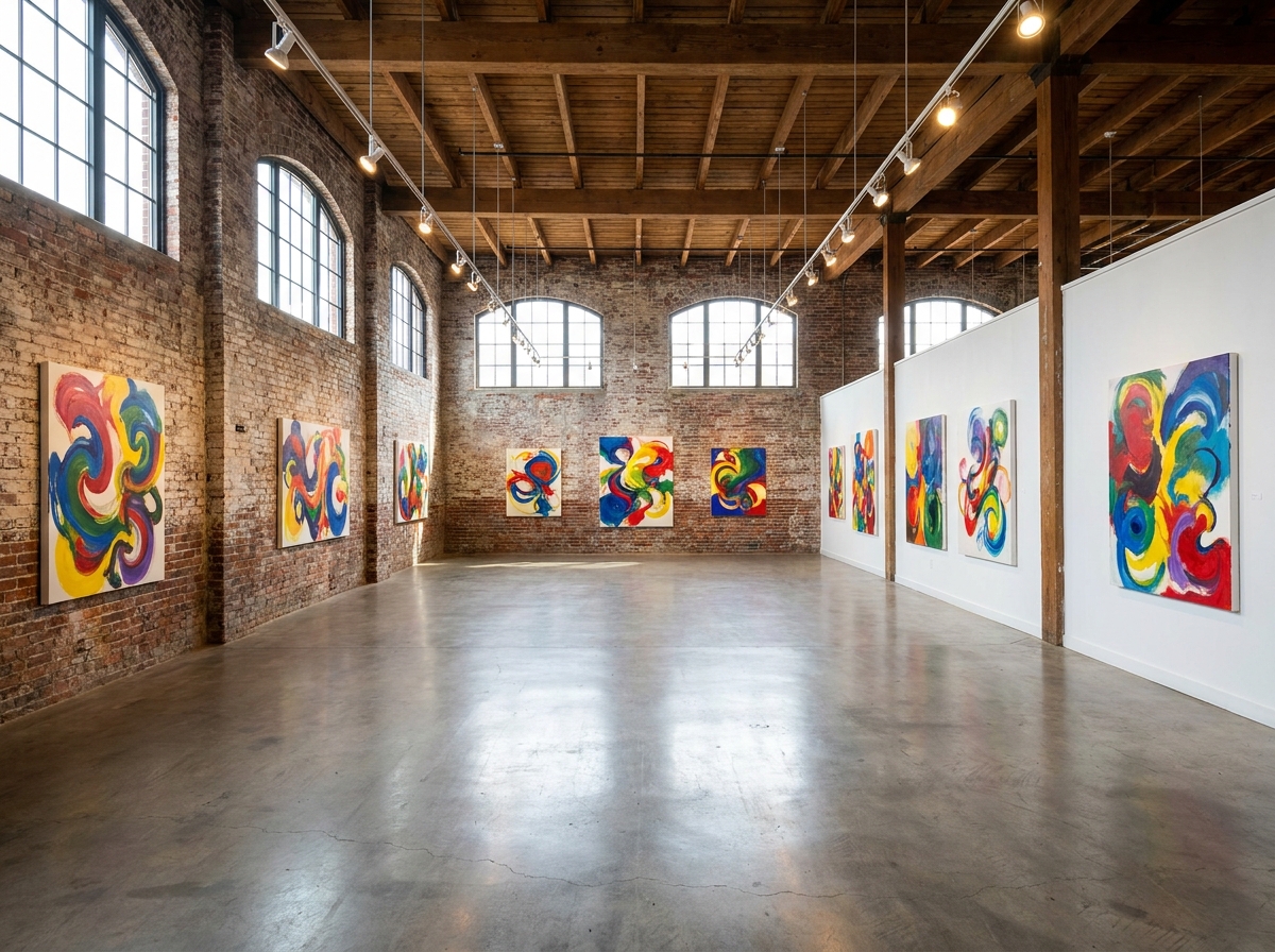 An empty art gallery in Asheville's River Arts District, set up for an event.