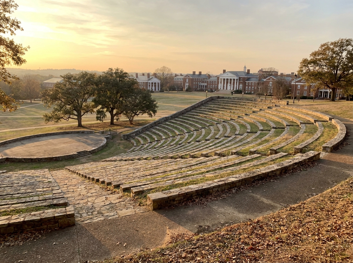 An empty outdoor amphitheater prepared for an event on a college campus.