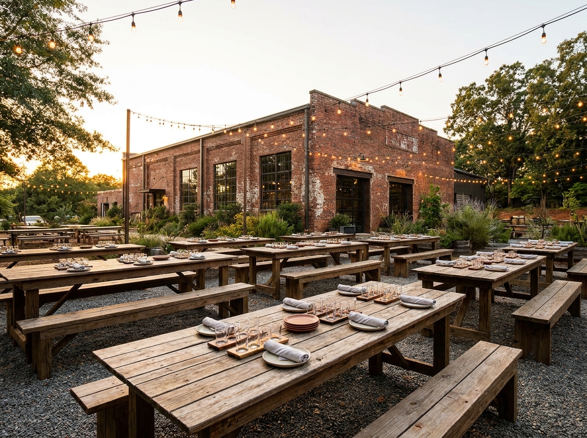 An empty brewery beer garden set up for a food and drink event.