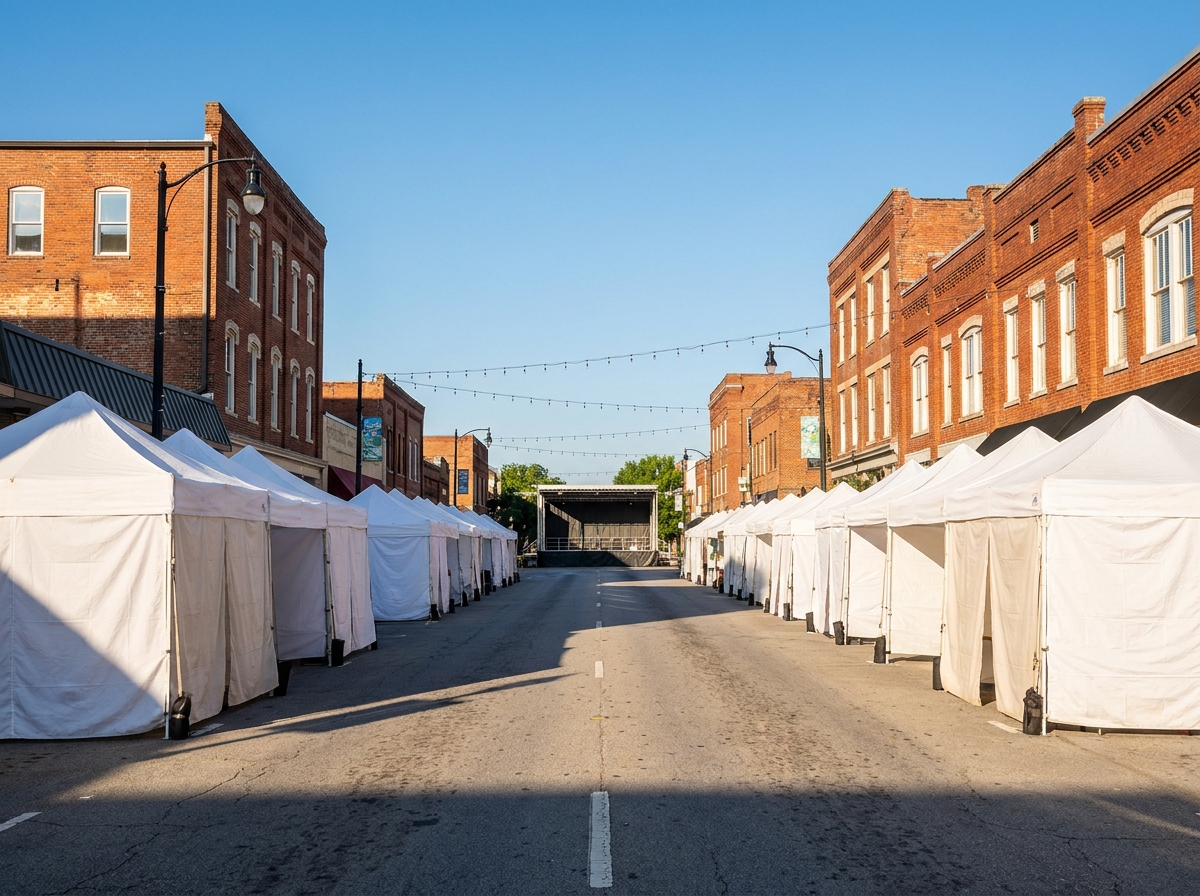 A downtown street prepared for a festival in Athens, with empty tents and a stage.