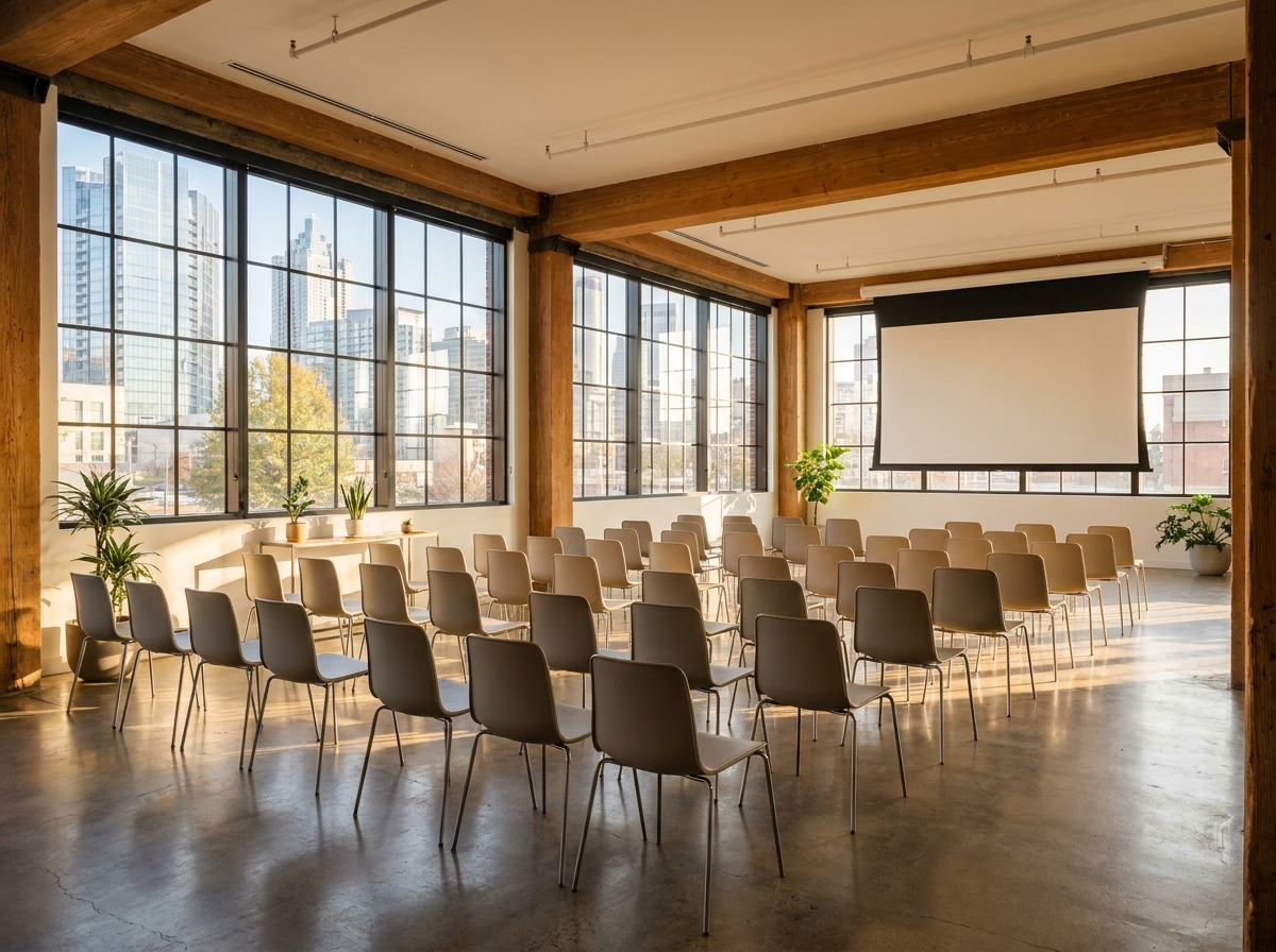 A modern, empty co-working space in Atlanta ready for a professional event.