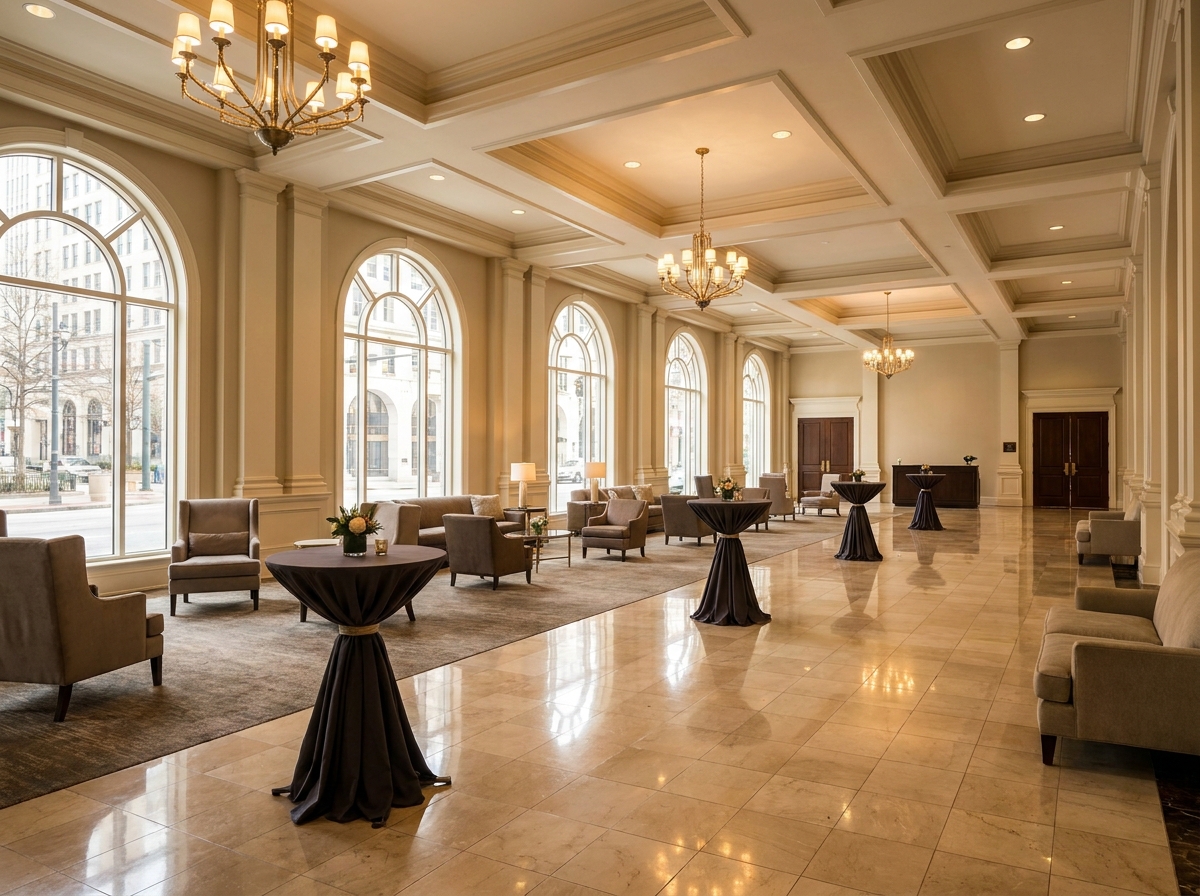 An empty, modern brewery interior in Atlanta set for a casual networking mixer.