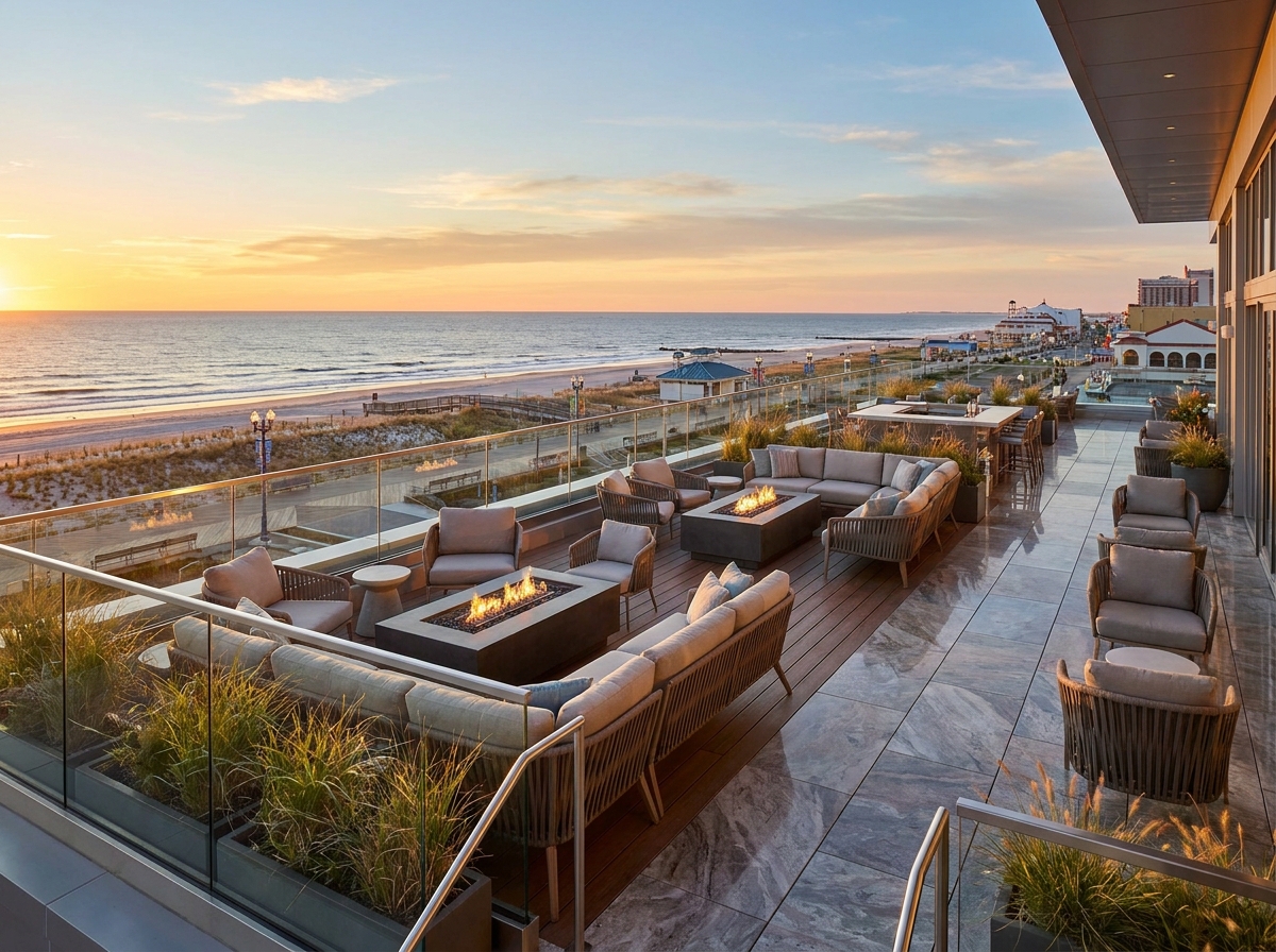 An empty rooftop event space in Atlantic City overlooking the ocean.