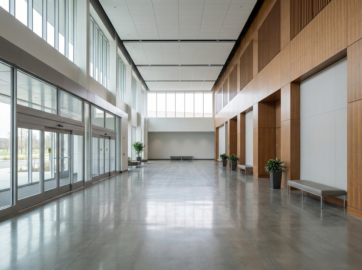 The empty entrance to a modern event hall in Atlantic City.