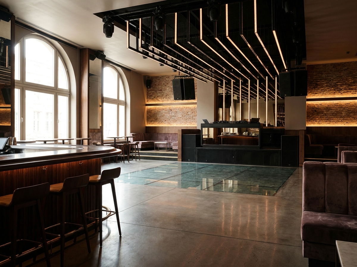 An empty, modern nightclub in Atlantic City prepared for an event.