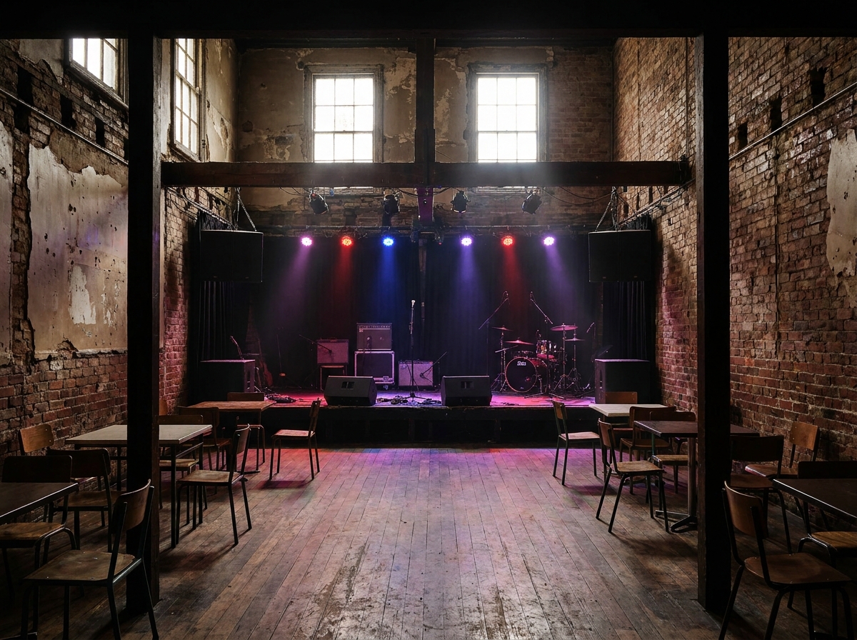 An empty stage at an Auckland live music venue before a performance.