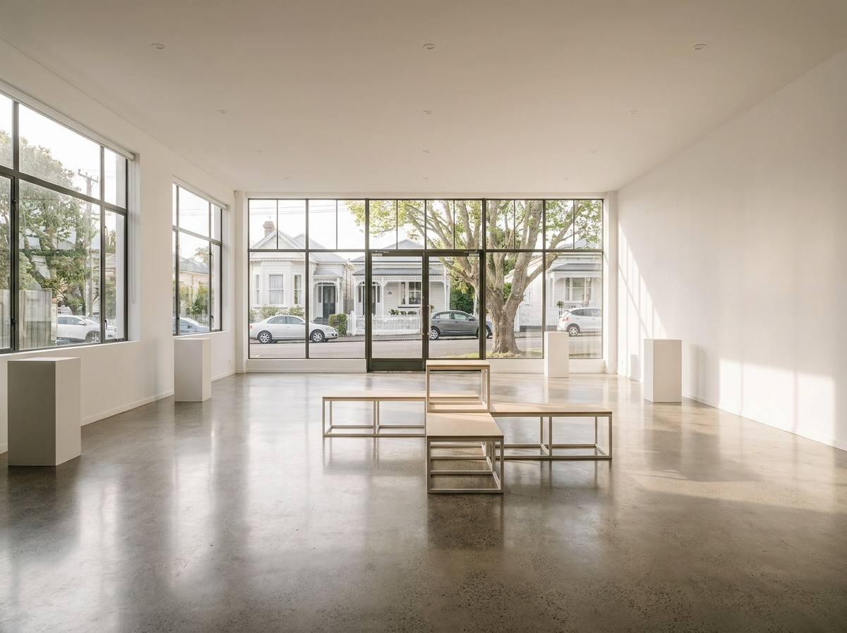 An empty, modern event space in an Auckland suburb prepared for an exhibition.