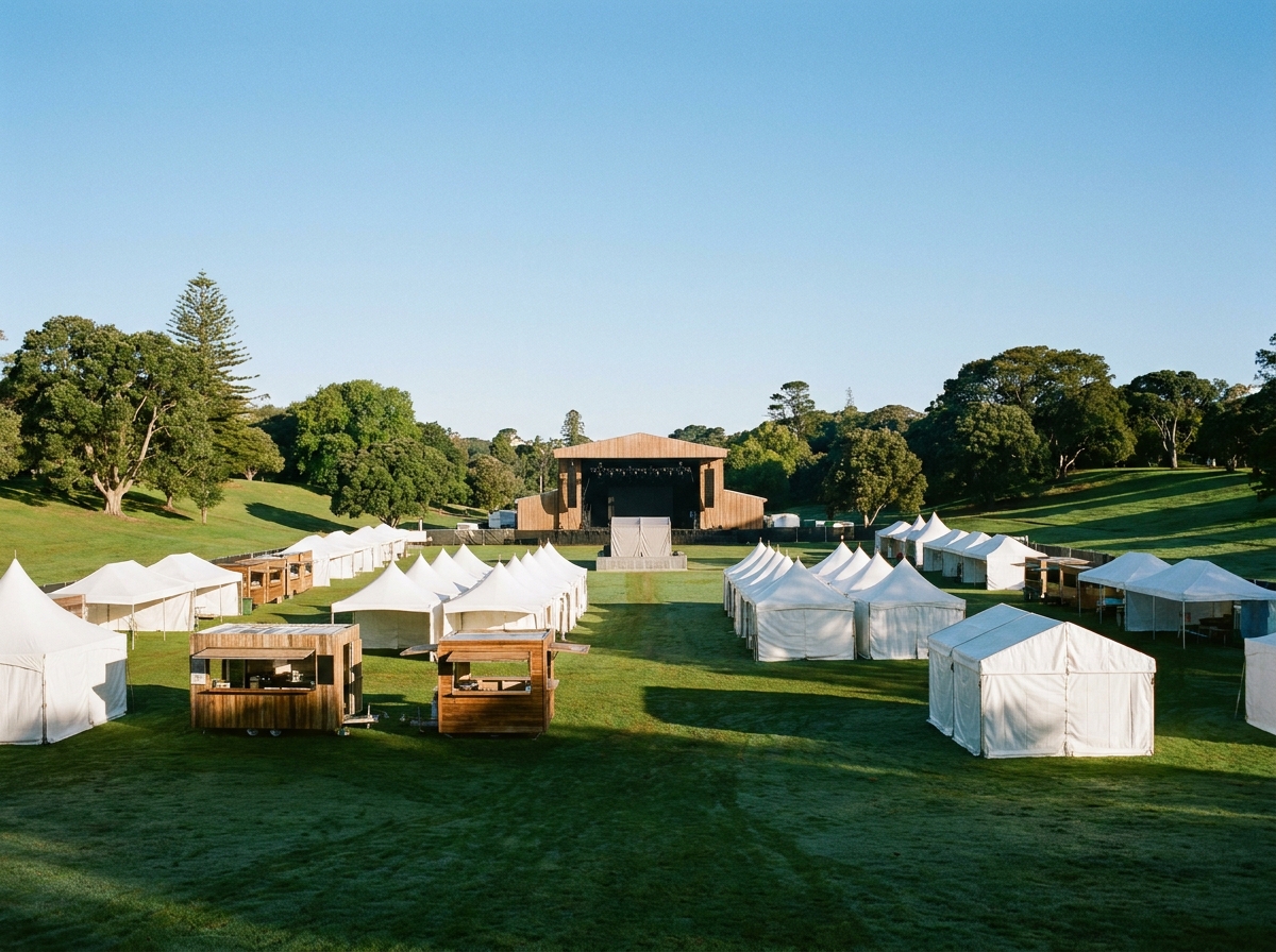 An empty outdoor festival site in an Auckland park on a sunny day.