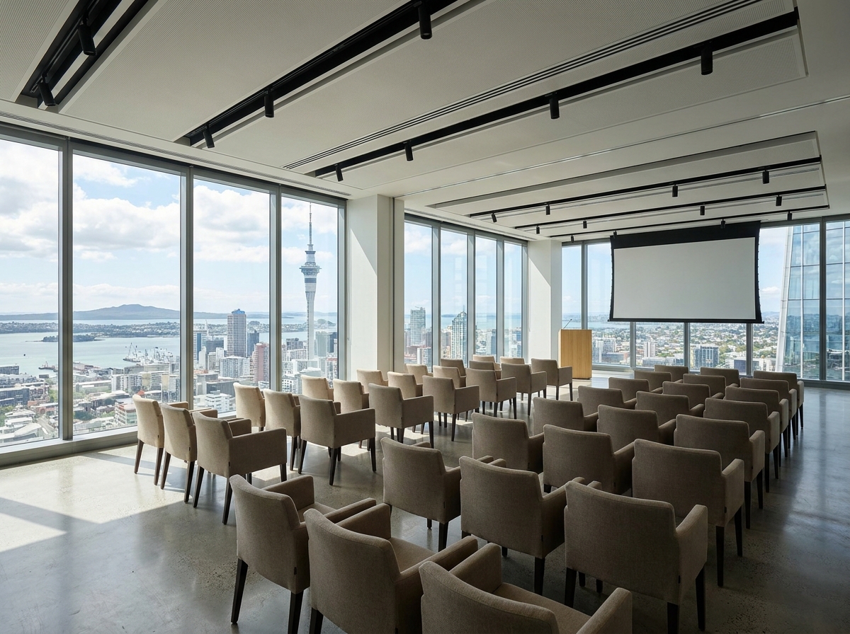 An empty conference room in Auckland with a city view, set up for a corporate event.