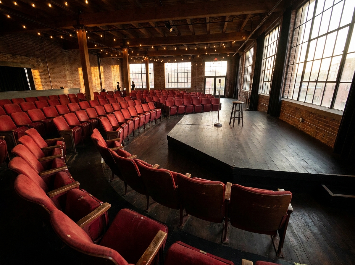 An empty local theater in Augusta prepared for a comedy night.