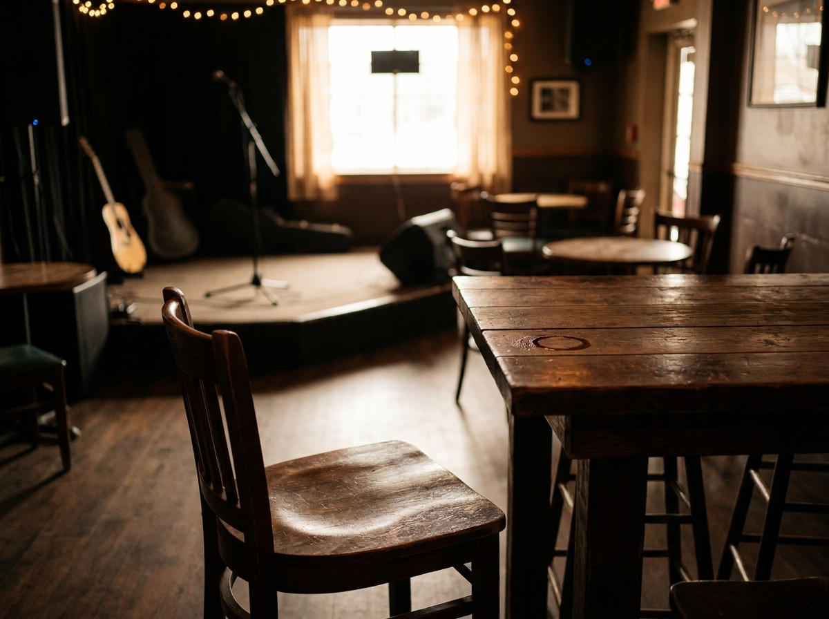 An empty table at a bar in Augusta before a comedy show.