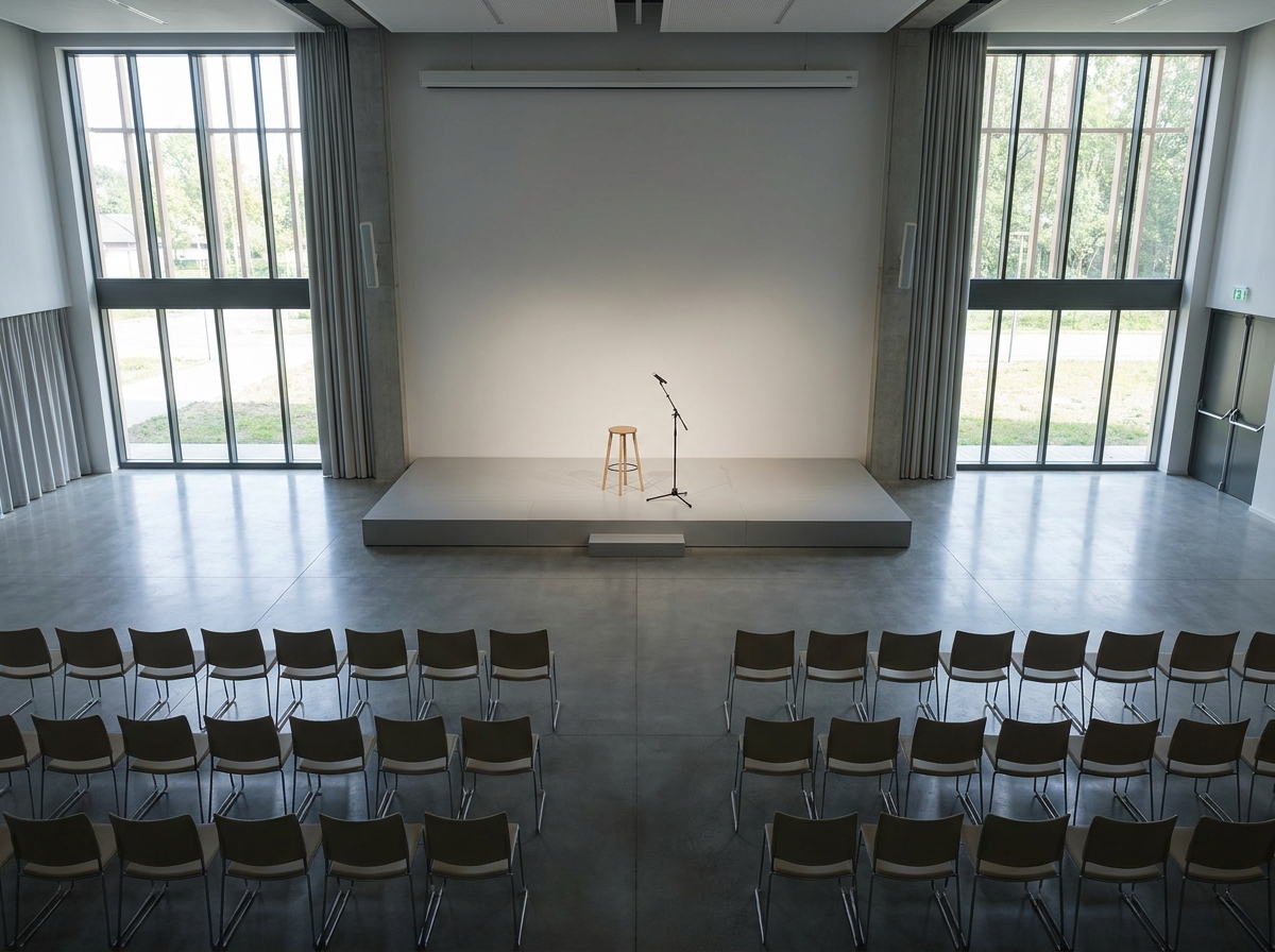 A modern event space in Augusta set up for a comedy performance.