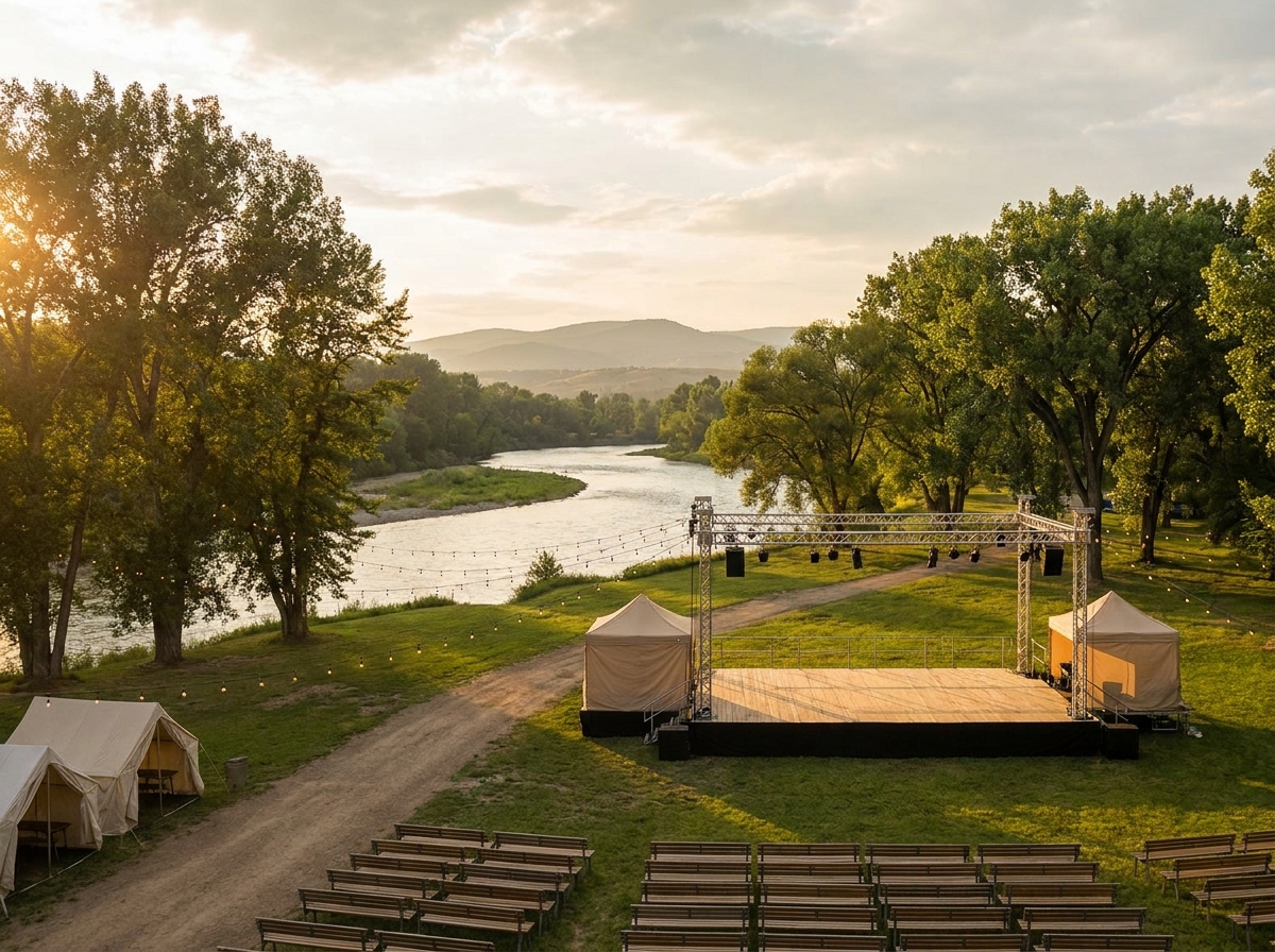 An outdoor stage prepared for an event at a riverfront park in Augusta.