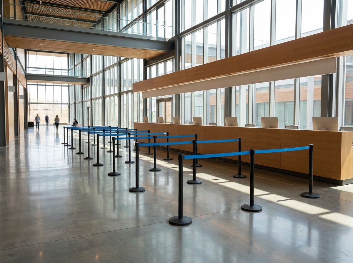 A well-organized and empty event check-in area with multiple stations.
