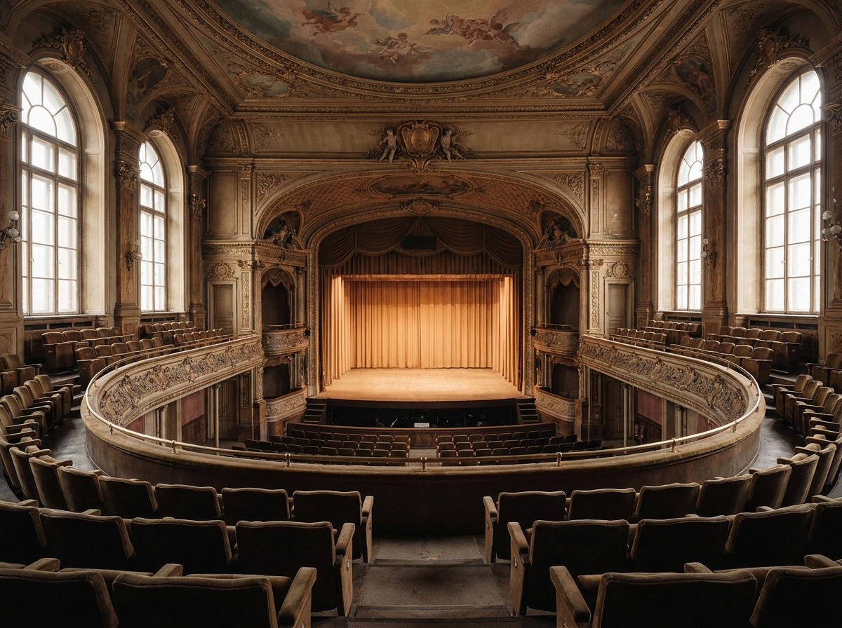 The interior of an empty, historic Augusta theater viewed from the back seats.
