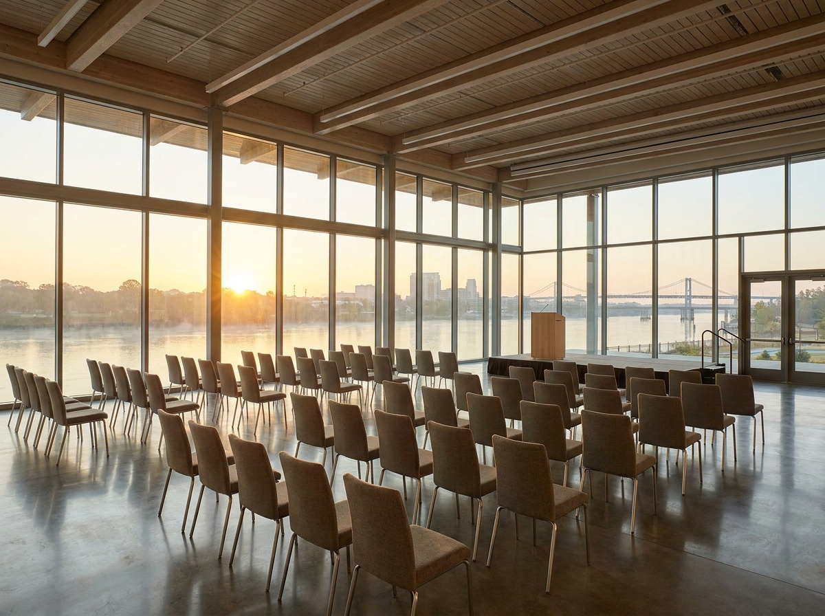 An empty conference room in Augusta prepared for a business event.
