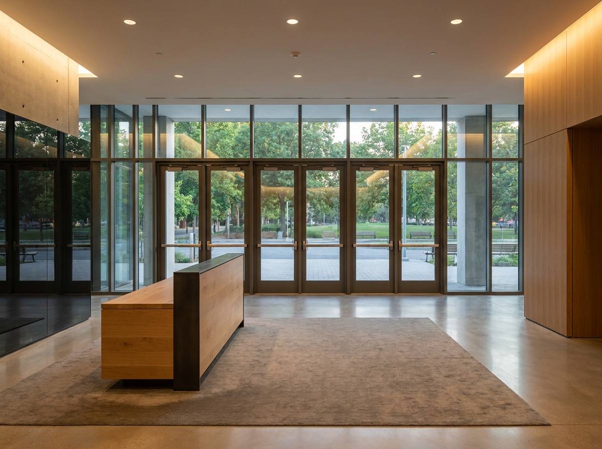 An empty check-in area at a professional event venue.