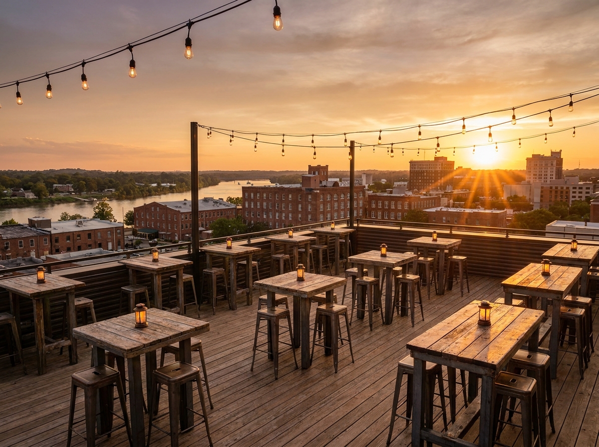 An empty Augusta rooftop venue set for a networking mixer.